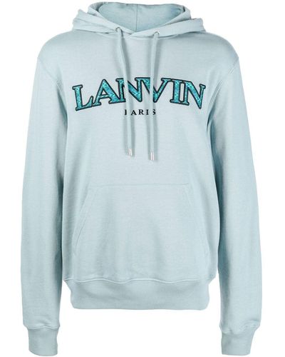 Lanvin Embroidered-logo Pouch-pocket Hoodie - Blue