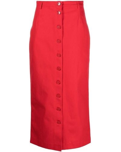 Raf Simons High Waist Cotton Midi Skirt - Red