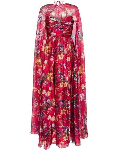 Marchesa Ribbons Floral-print Cape Gown - Red