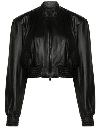 Wardrobe NYC Cropped Leather Bomber Jacket - Black