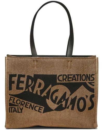 Ferragamo Small Logo-print Raffia Tote Bag - Black