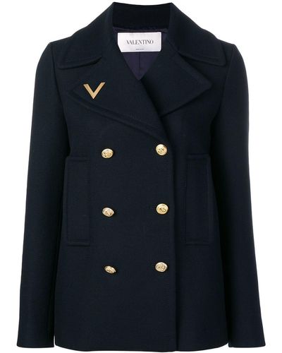 Valentino Logo Embroidered Peacoat - Blue