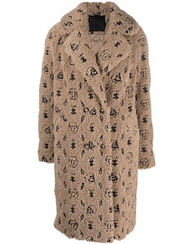 Philipp Plein Embroidered Monogram Faux-shearling Coat - Natural