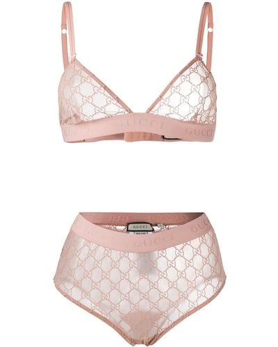 Gucci Set Lingerie In Tulle Trasparente Con Ricami Gg - Rosa