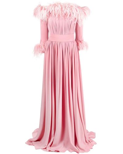 Elie Saab Abendkleid aus Seide mit Federn - Pink