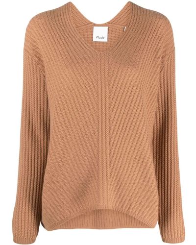 Allude Fisherman's Knit V-neck Sweater - Brown