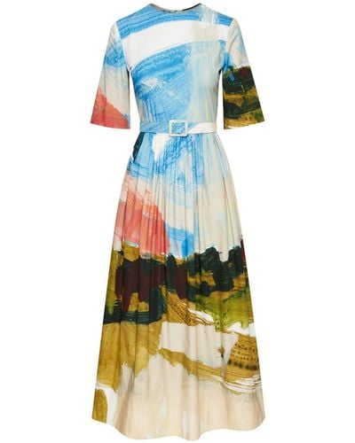 Oscar de la Renta Abstract-pattern Print Pleated Dress - Blue