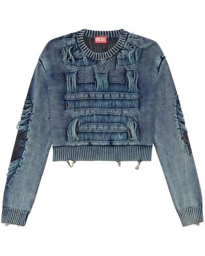 DIESEL Destroyed-Pullover mit hängendem Garn-Logo - Blau