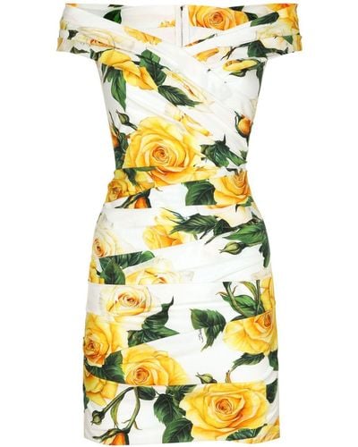 Dolce & Gabbana Schulterfreies Kleid mit Rosen-Print - Gelb