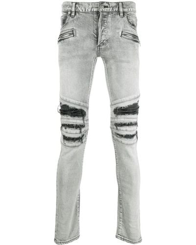 Balmain Distressed Skinny Moto Jeans - Grey