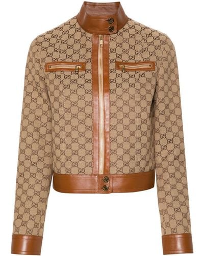 Gucci Veste en toile GG à détails en cuir - Marron