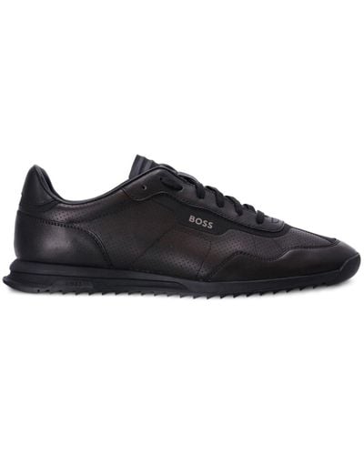 BOSS Perforated Low-top Leather Trainers - Black
