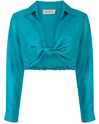 Adriana Degreas Knotted Linen-blend Cropped Blouse - Blue