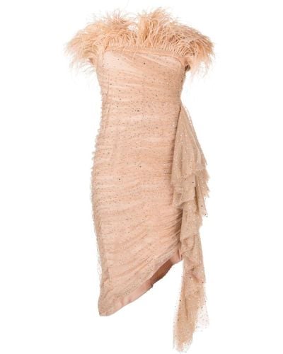Badgley Mischka Feather-trim Asymmetric Dress - Natural