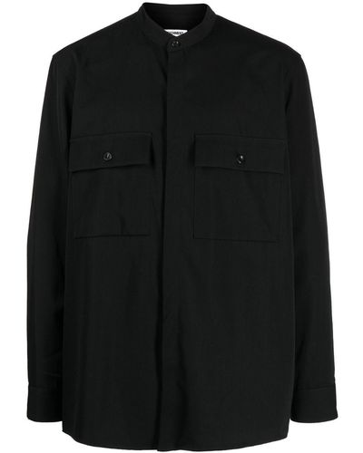 Attachment Collarless Woolen Shirt - Black