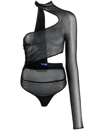 Mugler Asymmetric Tulle Bodysuit - Black