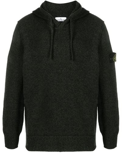 Stone Island Compass-Patch Ribbed-Knit Mélange Hoodie - Black