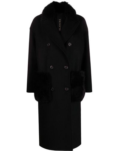 Blancha Fur-detail Double-breasted Virgin-wool Coat - Black