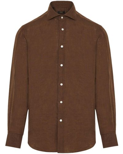 Barba Napoli Cutaway-collar Cotton Shirt - Brown