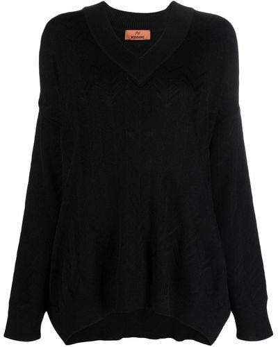 Missoni V-neck Chevron Wool Blend Sweater - Black