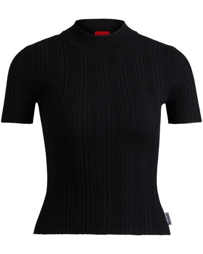HUGO Mock-neck Ribbed-knit Top - Black