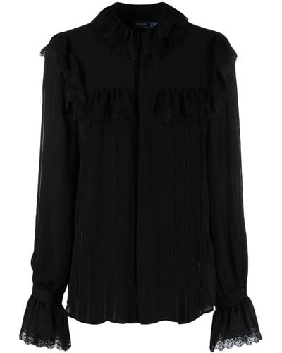 Polo Ralph Lauren Lace-trim Ruffled Silk Blouse - Black