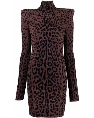 Roberto Cavalli Structured-shoulder Leopard Jacquard Dress - Brown