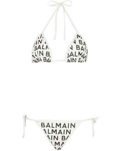 Balmain Bikini triangular con logo estampado - Blanco