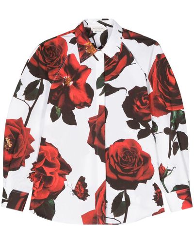 Alexander McQueen Roses-print Cotton Shirt - Red