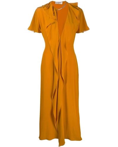 Victoria Beckham Fluted-trim Plunge-neck Midi Dress - Yellow