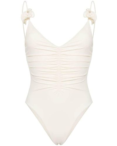 Magda Butrym Floral-appliqué Ruched Swimsuit - White