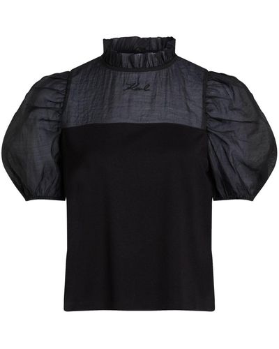 Karl Lagerfeld Organza Puff-sleeve Top - Black
