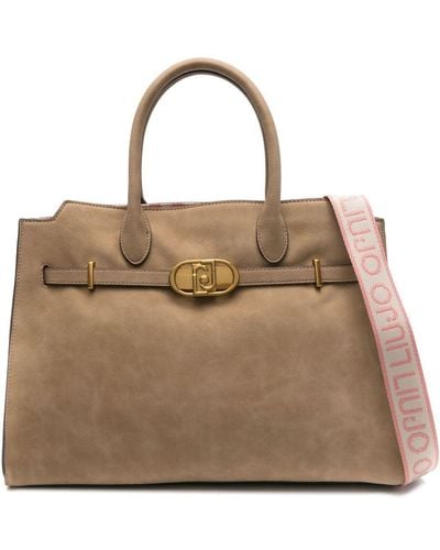 Liu Jo Synthetic Leather Tote Bag With Logo Plaque And Shoulder Strap - Natural