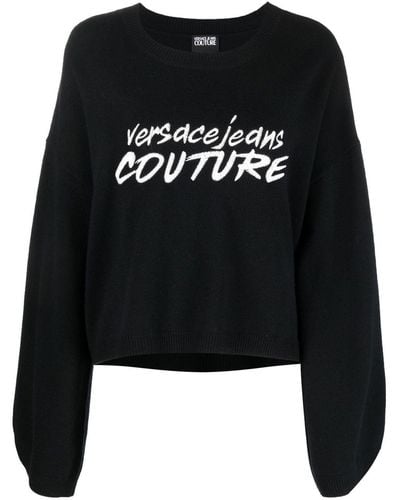 Versace Embroidered-logo Wide-sleeve Jumper - Black