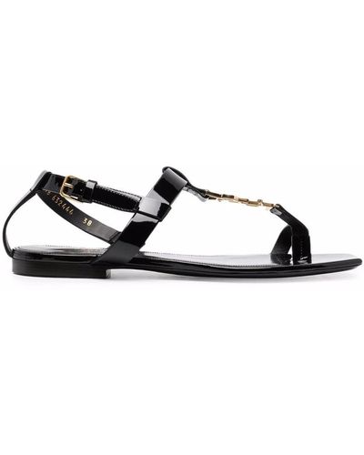 Saint Laurent Leather Logo Plaque Sandals - Black