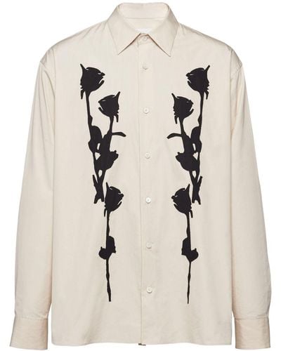 Prada Cotton Floral-appliqué Shirt - Natural
