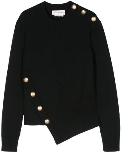 Alexander McQueen Asymmetric Wool Sweater With Gold Buttons - Black