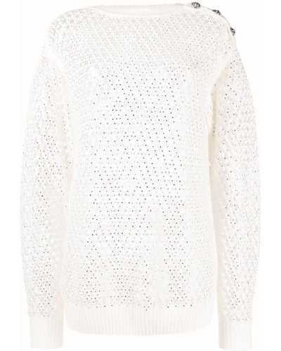 Philipp Plein Pointelle-knit Crystal-embellished Jumper - White