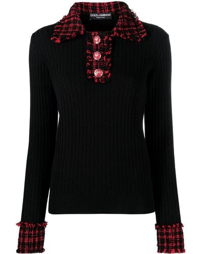 Dolce & Gabbana Geripptes Strickoberteil mit Tweed-Detail - Schwarz