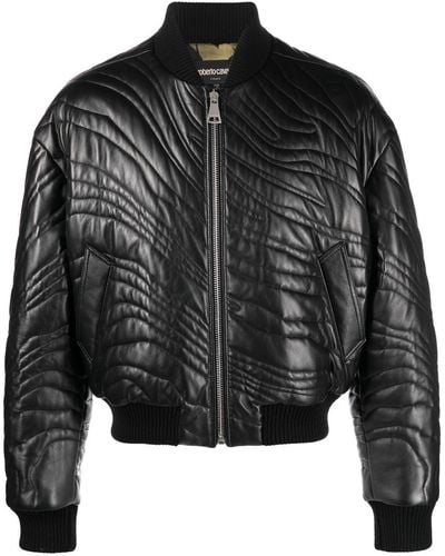 Roberto Cavalli Stripe-quilted Leather Bomber Jacket - Black