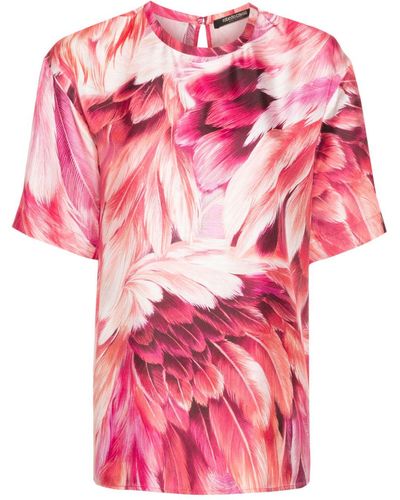 Roberto Cavalli Seiden-T-Shirt mit Gefieder-Print - Pink