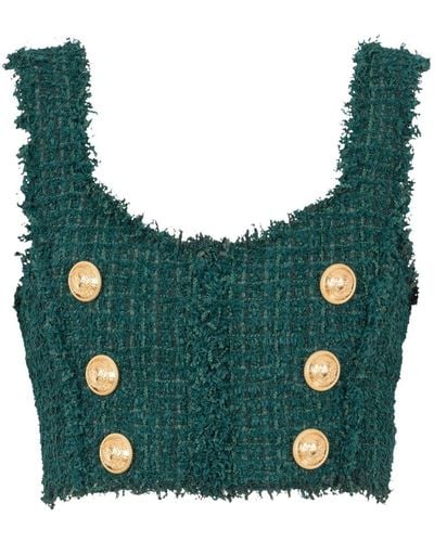 Balmain Top corto de tweed con seis botones - Verde