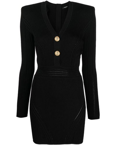 Balmain Black Ribbed Short Dress With V-neck And Long Sleeves