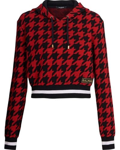 Balmain Houndstooth Cropped Hoodie - Red