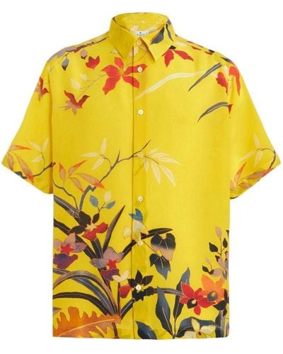 Etro Floral-print Short-sleeve Silk Shirt - Yellow
