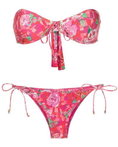 Amir Slama Geometric Floral-print Strapless Bikini - Pink