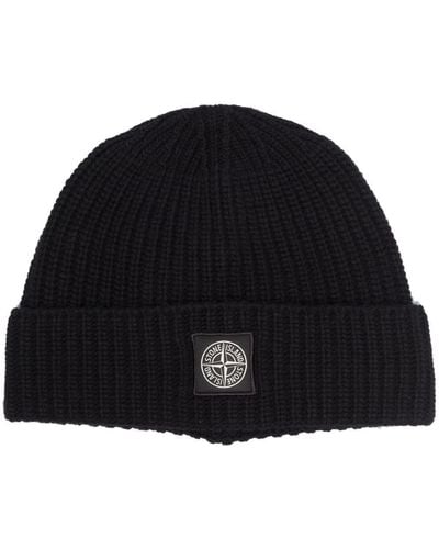 Stone Island Gerippte Beanie mit Logo-Patch - Schwarz