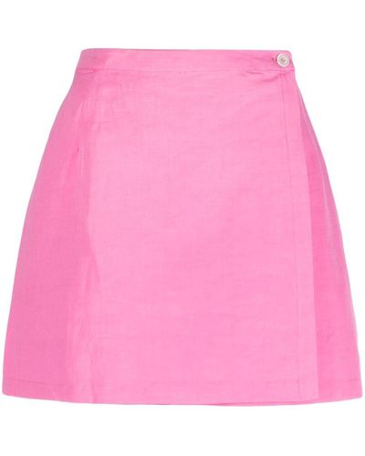 Lido Side Button-fastening Linen Skirt - Pink