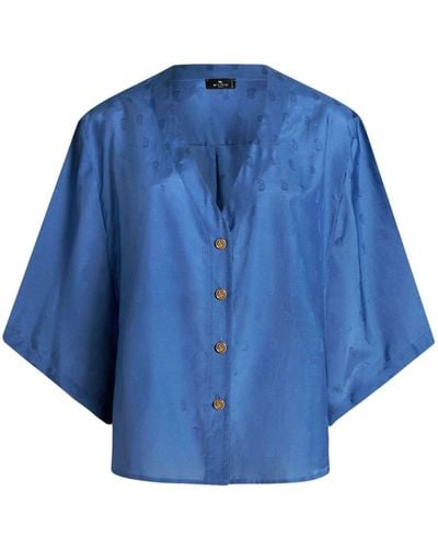 Etro Logo-jacquard Silk-cotton Shirt - Blue