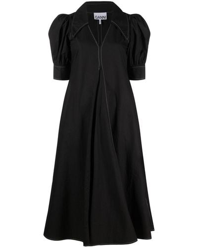 Ganni Puff Sleeve Midi Dress - Black